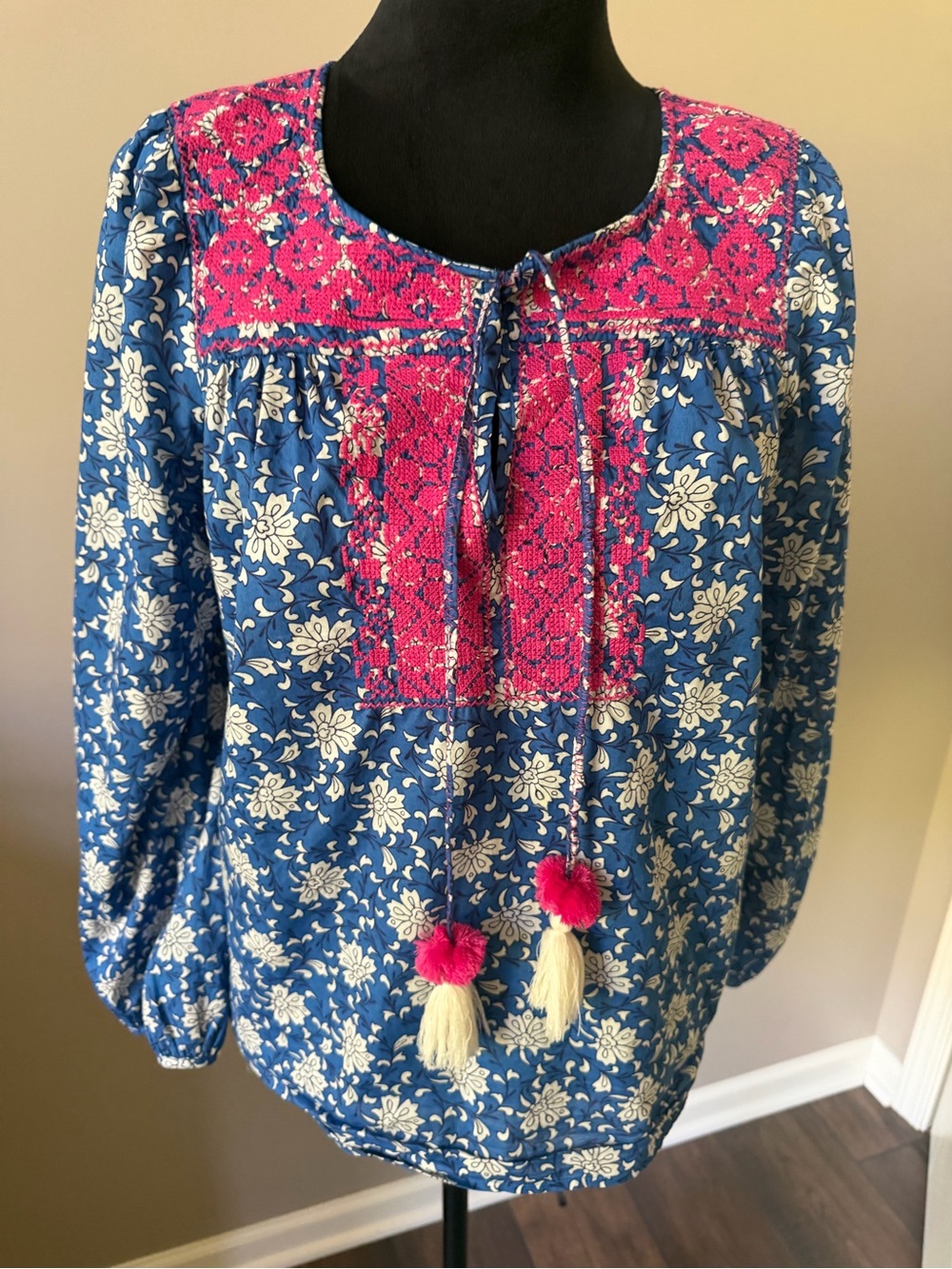 J. Crew Blue Floral Blouse with Pink Embroidered Yoke Small